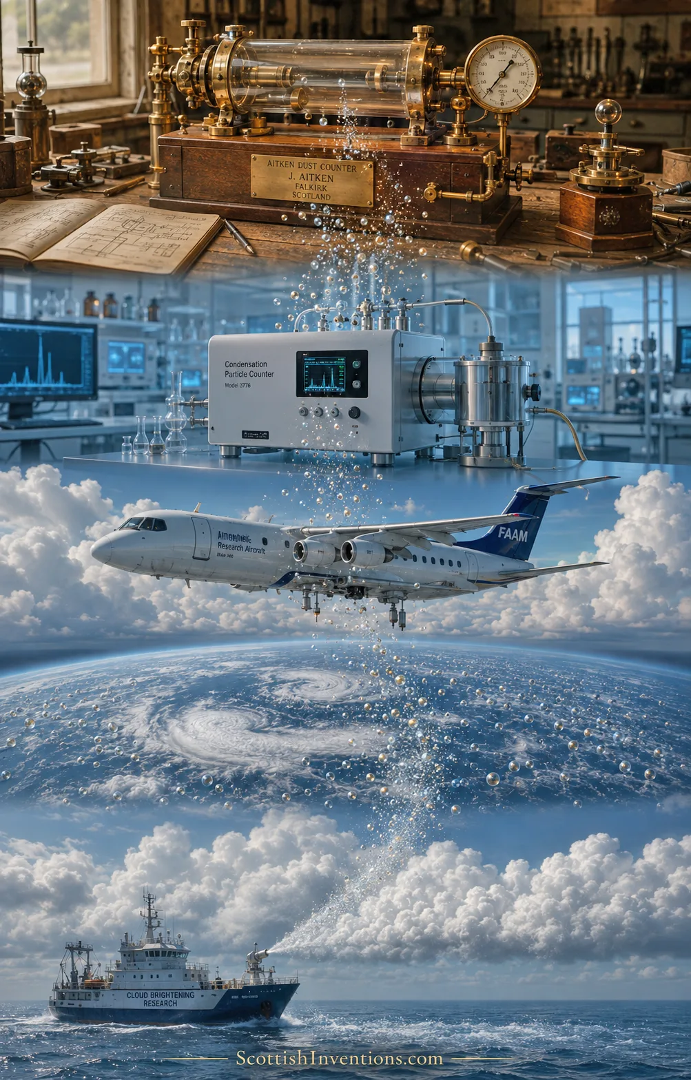 A legacy chain from Aitken's brass dust counter through modern condensation particle counters, atmospheric research aircraft and marine cloud brightening research.