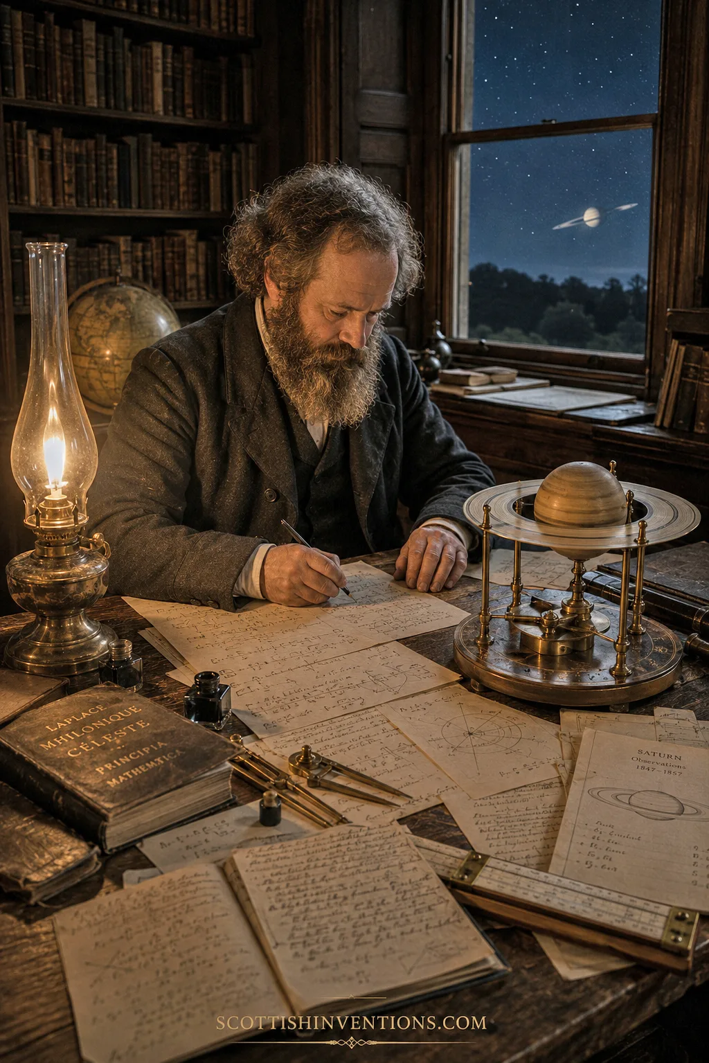 Maxwell at his study desk by an oil lamp, working through equations of planetary motion — sheets of mathematical reasoning covering the table beside an orrery of Saturn and a copy of Laplace's Mécanique Céleste.