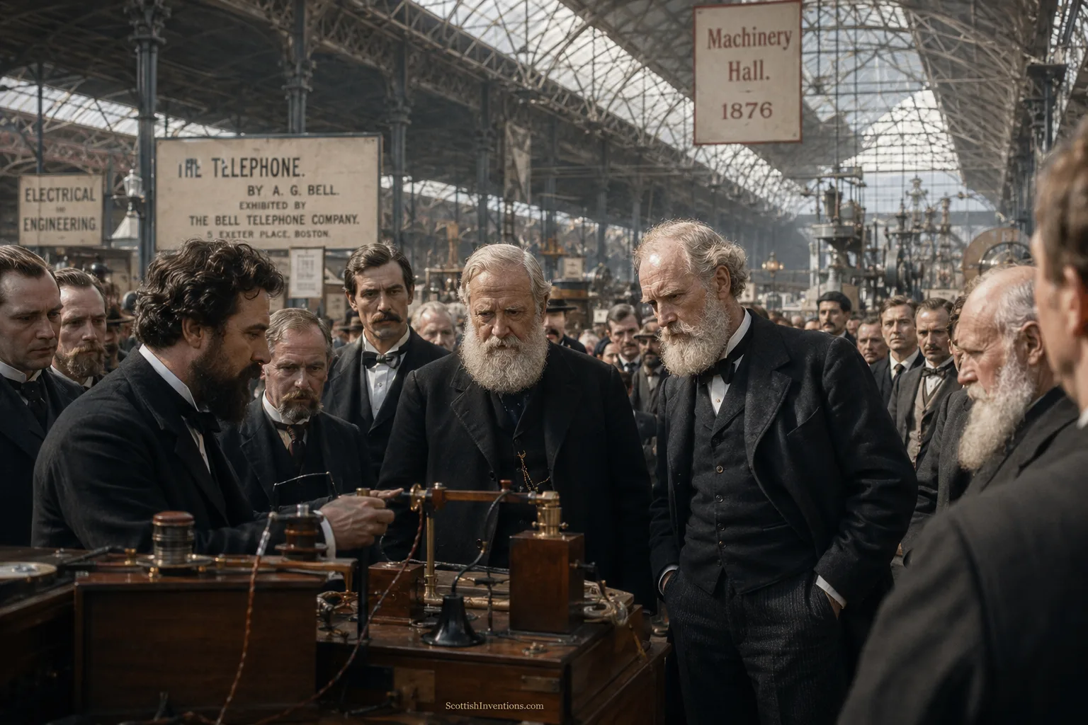 Alexander Graham Bell demonstrating the telephone at the 1876 Centennial Exhibition in Philadelphia
