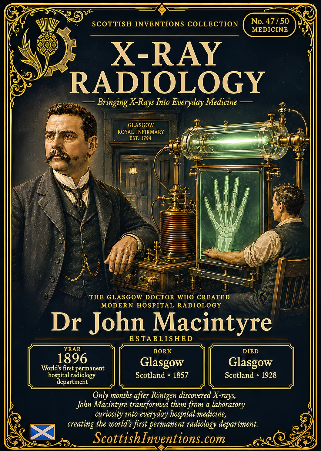 X-Ray Radiology — Scottish Inventions Collection X-Ray Radiology collectible card — Dr John Macintyre, founder of the world's first permanent hospital radiology department at Glasgow Royal Infirmary in 1896, Scottish Inventions Collection No. 47 of 50