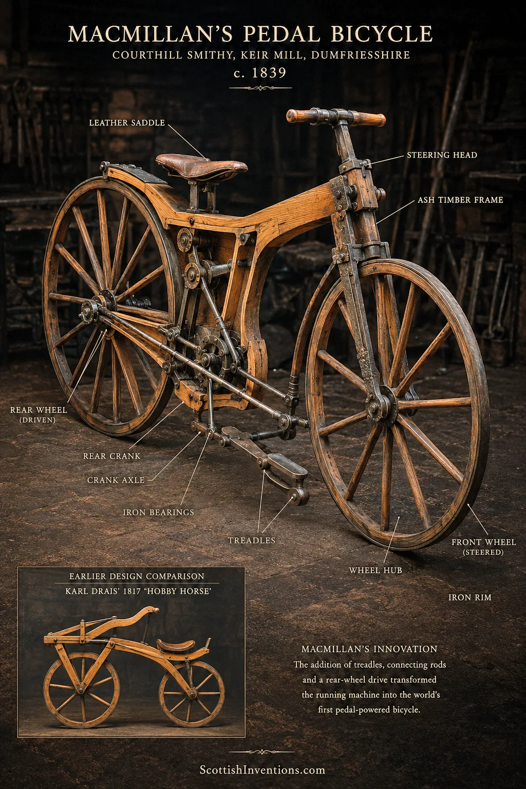Technical reconstruction of Kirkpatrick Macmillan treadle bicycle showing rear wheel drive mechanism
