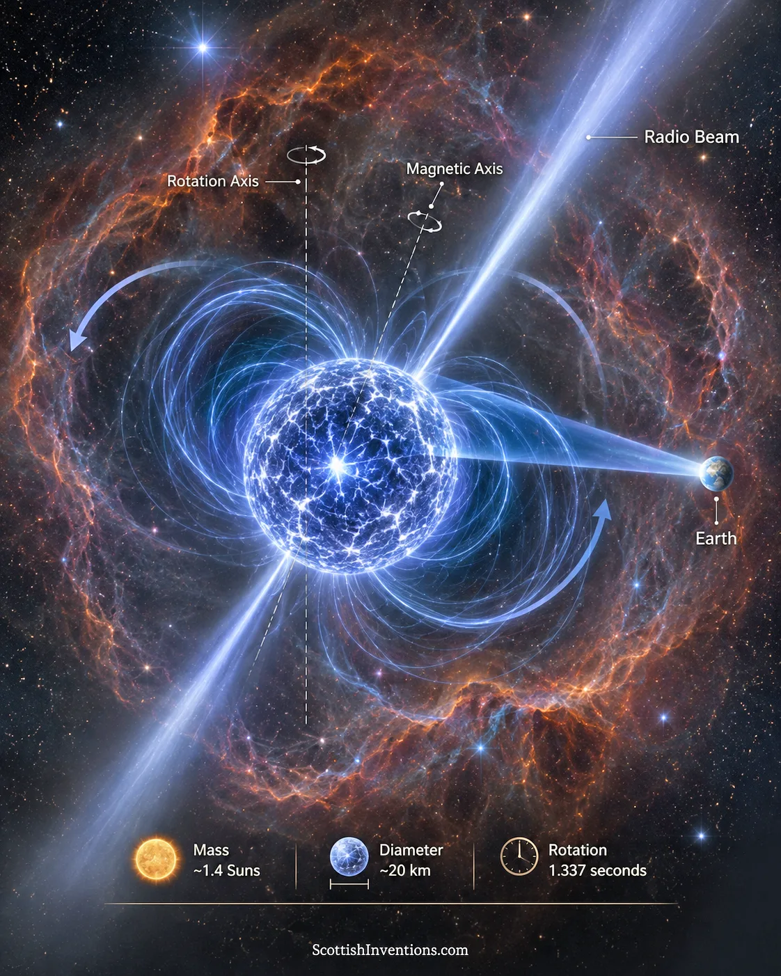 Diagram of a pulsar showing its rotation axis, magnetic axis and radio beam sweeping toward Earth, with mass, diameter and rotation period labelled.