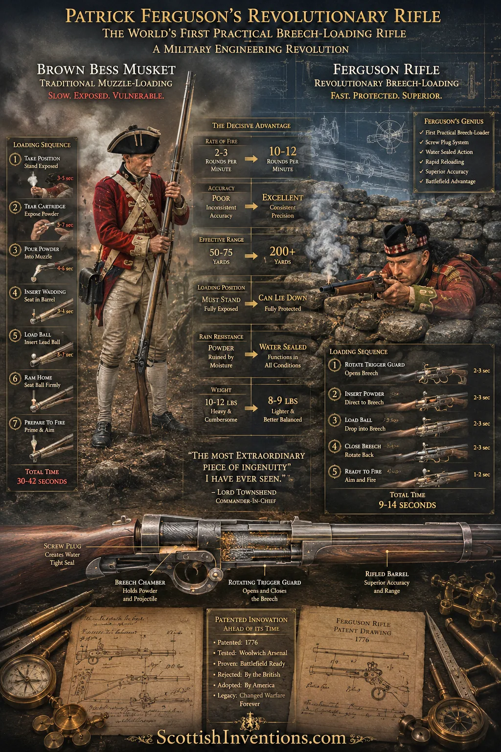 Comparison showing the Brown Bess musket beside Patrick Ferguson's revolutionary breech-loading rifle