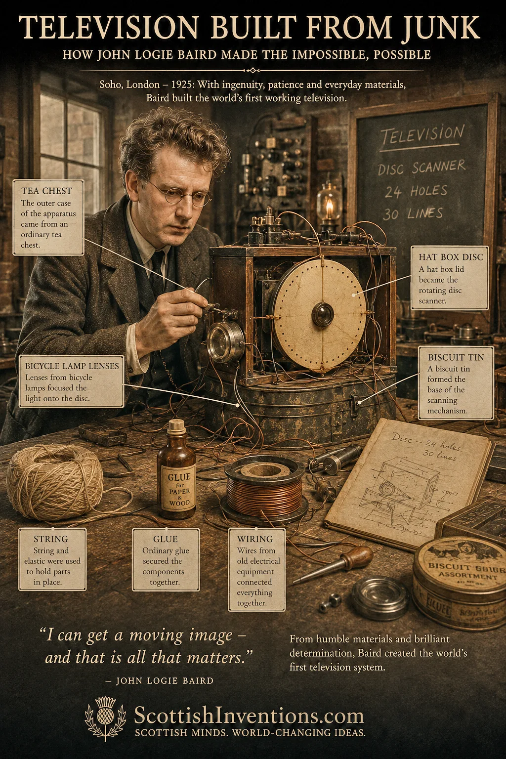 Television built from junk — John Logie Baird assembling the first working television from a tea chest, hat box, biscuit tin, bicycle-lamp lenses, string and glue, Soho 1925