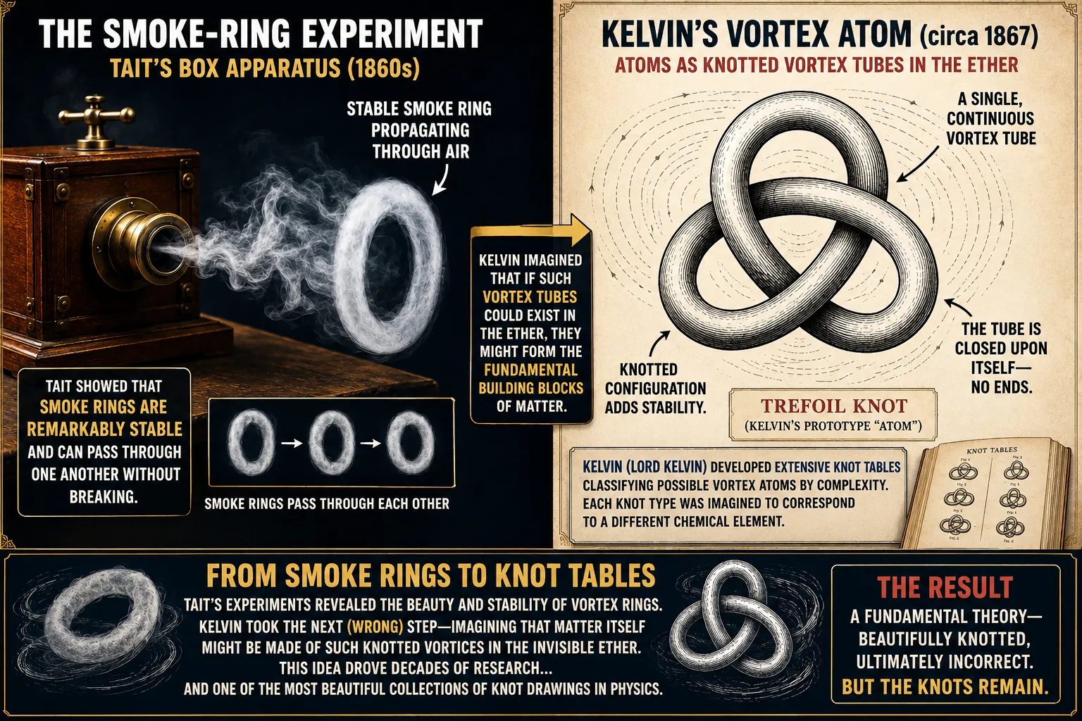 Split image showing a stable smoke ring fired from Tait's box apparatus alongside a simple diagram of a knotted loop labelled as Kelvin's imagined vortex atom