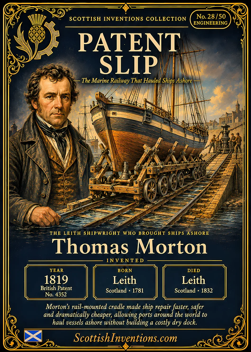 Patent Slip — Scottish Inventions Collection Patent Slip collectible card — Thomas Morton, Leith-born Scottish shipwright, inventor of the rail-mounted marine railway cradle developed in 1818 and protected by British Patent No. 4352 in 1819, Scottish Inventions Collection No. 28 of 50.