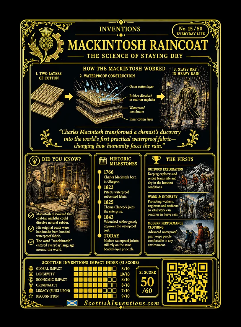 The Mackintosh Raincoat / The Mackintosh Raincoat Back back — Scottish Inventions Collection The Mackintosh Raincoat card reverse — cross-section diagram showing the cloth-rubber-cloth waterproof sandwich, timeline from Macintosh's 1823 patent to vulcanised rubber and the modern Mackintosh coat, explaining the invention behind modern waterproof clothing