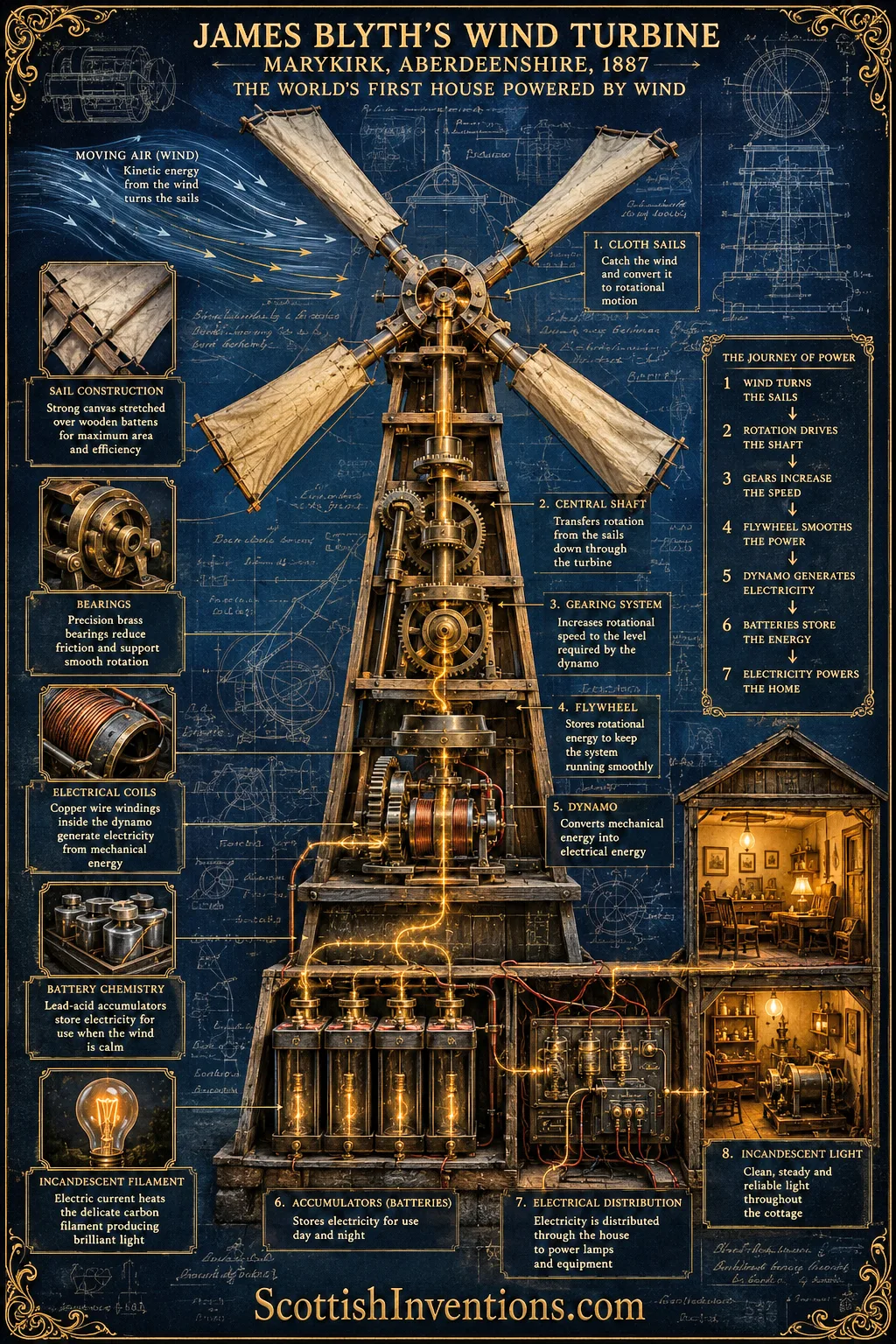 Engineering cutaway showing how James Blyth's wind turbine converted wind into electricity