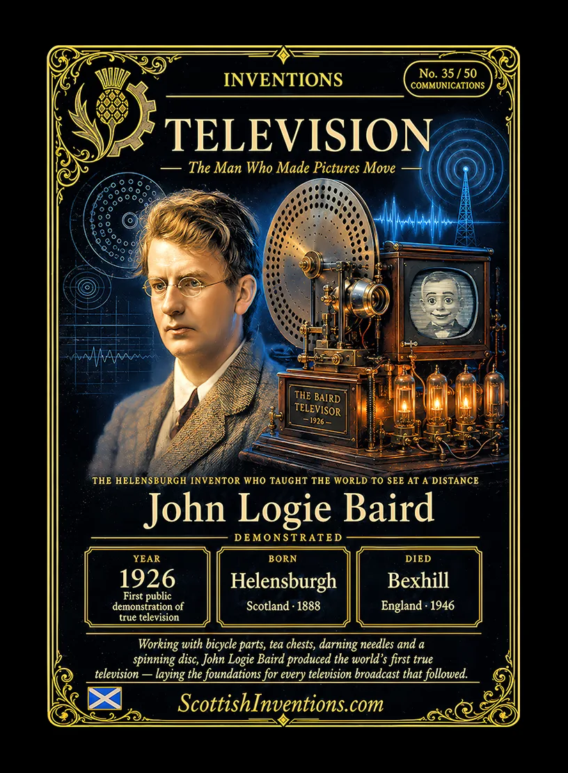Television — Scottish Inventions Collection Television collectible card — John Logie Baird, born Helensburgh, Scotland, 13 August 1888; died Bexhill-on-Sea, England, 14 June 1946; inventor of the world's first practical television; first public demonstration at 22 Frith Street, London, on 26 January 1926; Scottish Inventions Collection No. 35 of 50.