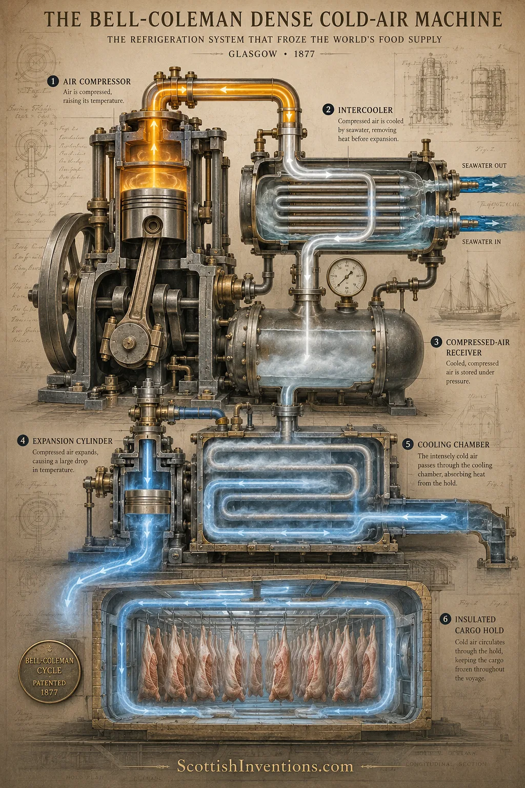 The Bell-Coleman Dense Cold-Air Machine — Glasgow, 1877 Diagram explaining how the Bell-Coleman dense cold-air refrigeration machine compressed, cooled and expanded air to refrigerate cargo safely aboard ships.