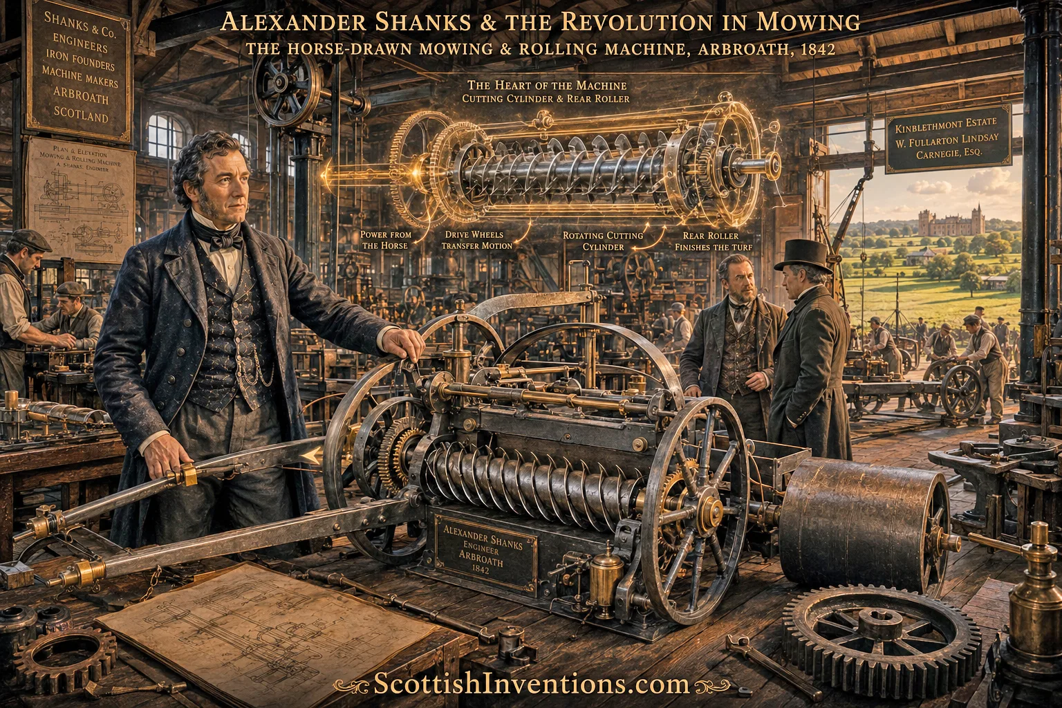 Alexander Shanks & the Revolution in Mowing — Arbroath, 1842 Scottish engineer Alexander Shanks unveiling his revolutionary horse-drawn mowing and rolling machine in Arbroath in 1842