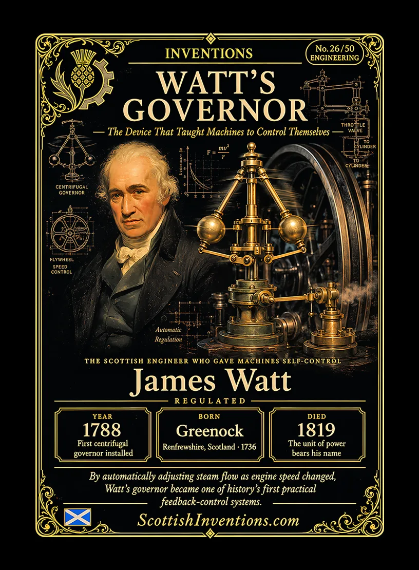 Watt's Governor / Watt's Governor Back — Scottish Inventions Collection Watt's Governor collectible card featuring James Watt and the centrifugal governor that automatically regulated steam engine speed, one of history's first practical feedback-control systems, Scottish Inventions Collection No. 26 of 50