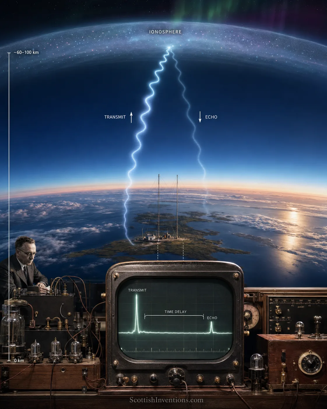 Diagram of a radio pulse transmitted to the ionosphere at 60-100km altitude and its echo received back at the ground station, with the time delay shown on an oscilloscope trace.