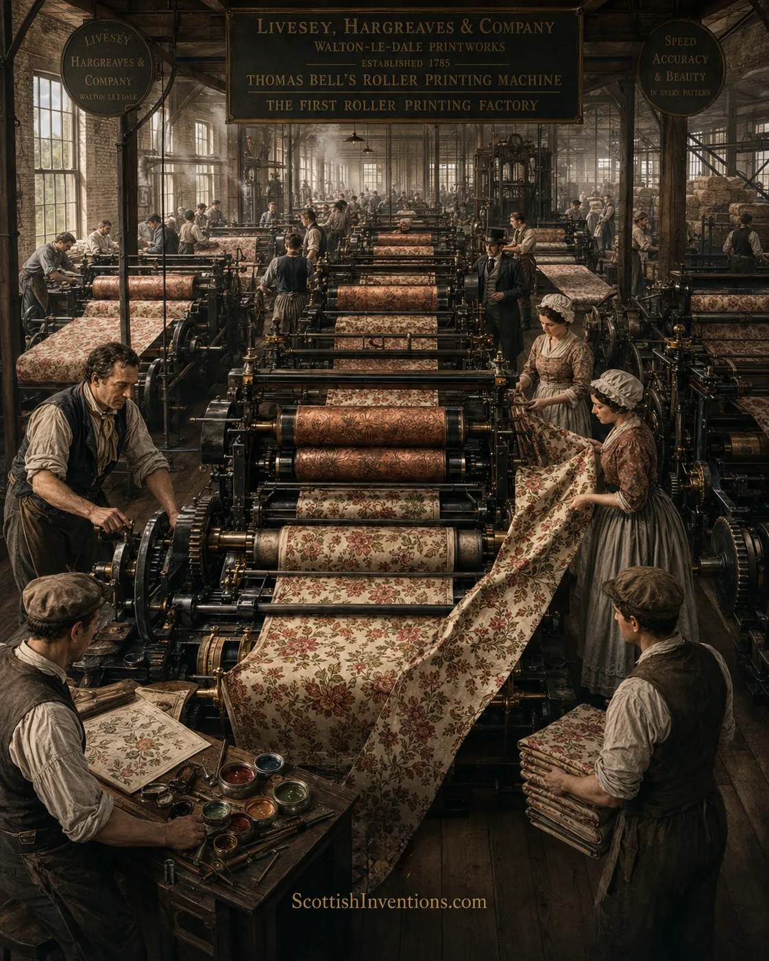 The World's First Roller Printing Factory The first commercial roller printing factory using Thomas Bell's invention at Walton-le-Dale in Lancashire during the Industrial Revolution.