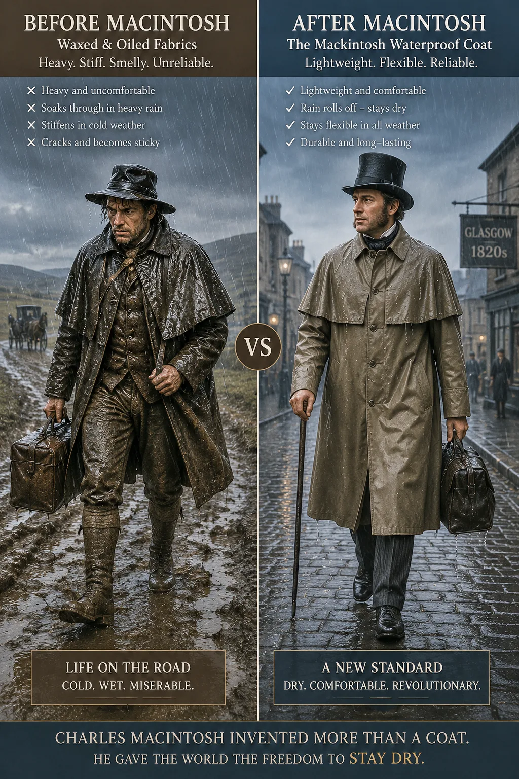 Comparison showing heavy waxed clothing before Charles Macintosh and the lightweight waterproof Mackintosh coat after his invention.