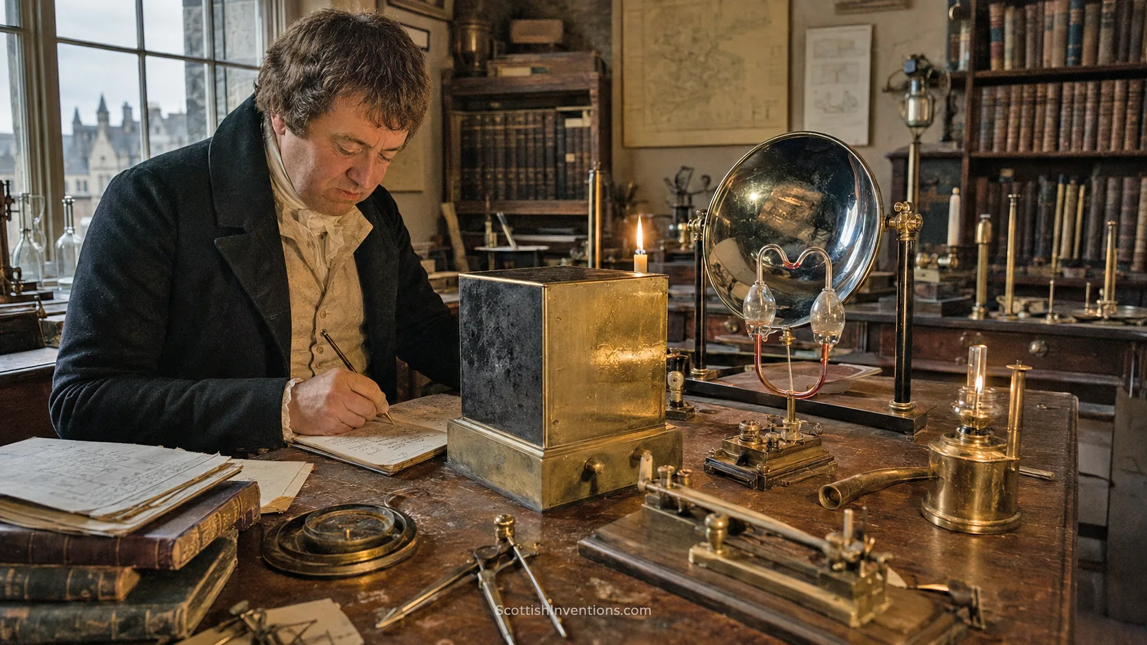 Historical reconstruction of Sir John Leslie experimenting with a Leslie Cube and differential thermometer in Edinburgh around 1804.