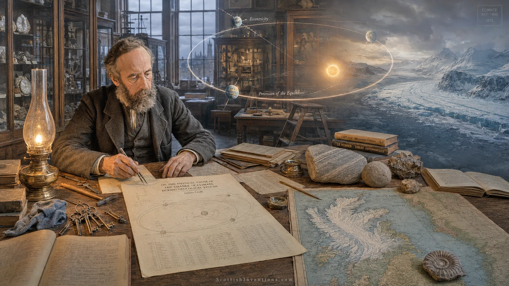 Historical reconstruction of James Croll at his desk in 1875, working on his orbital theory of climate with Le Verrier's astronomical tables and a map of glaciated Scotland.