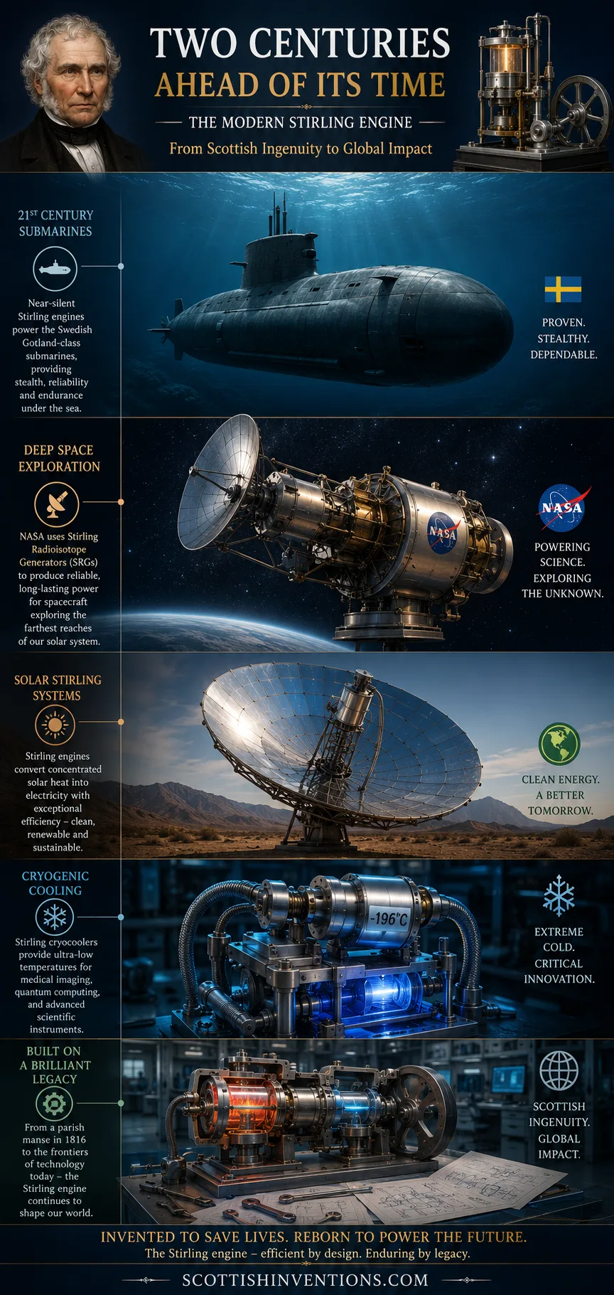 Modern applications of the Stirling engine — Swedish Gotland-class submarine, NASA radioisotope generator, solar Stirling dish and cryogenic cooler