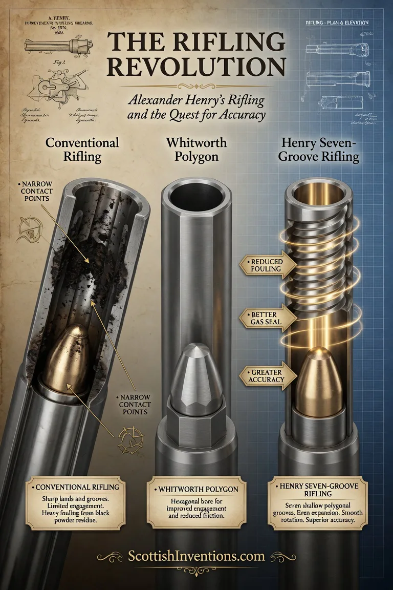 Conventional rifling vs Whitworth polygonal vs Henry seven-groove rifling — cross-section Cross-section comparison of conventional rifling, Whitworth polygonal rifling and Alexander Henry's seven-groove rifling