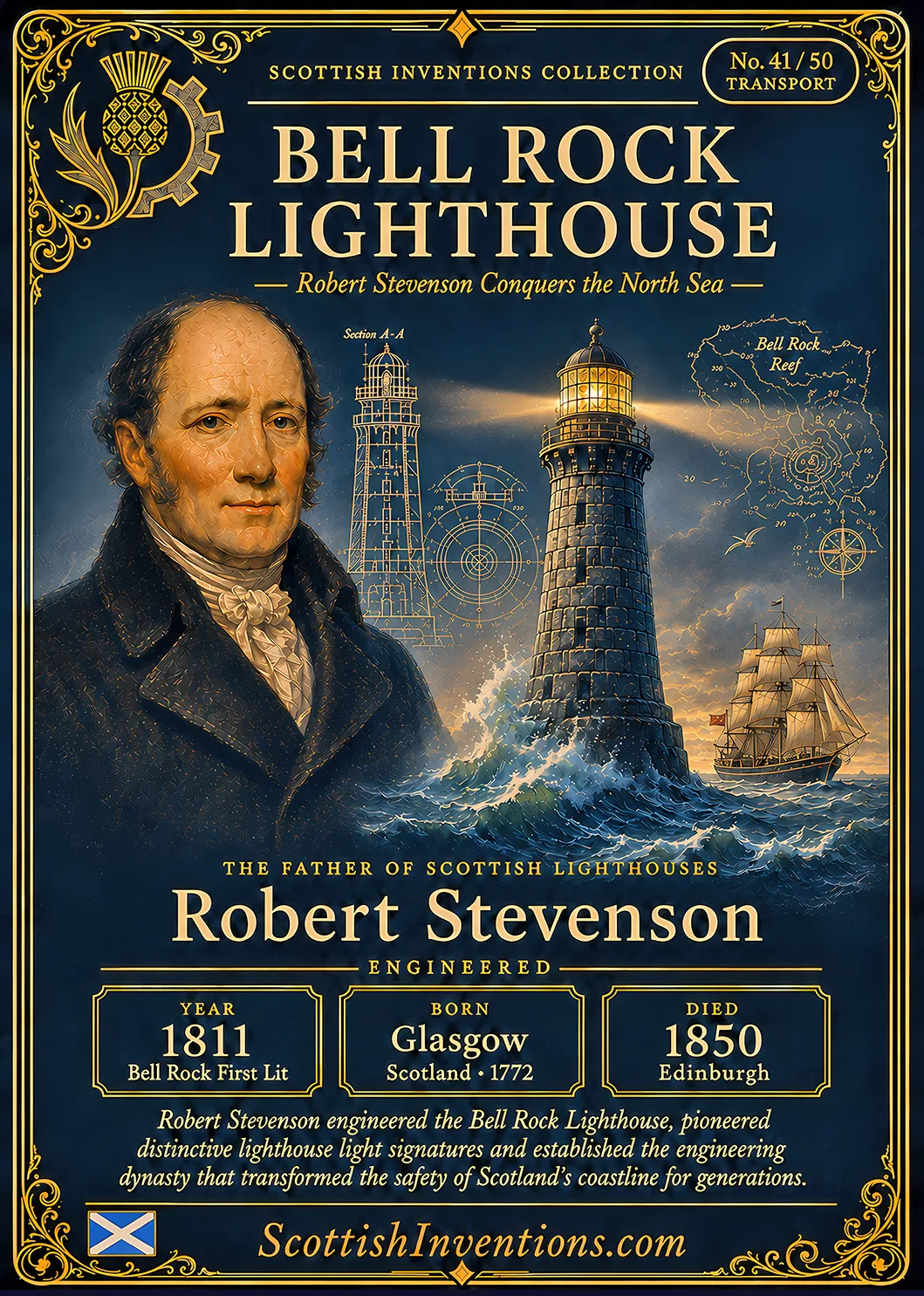 Bell Rock Lighthouse — Scottish Inventions Collection Bell Rock Lighthouse collectible card — Robert Stevenson, Scottish civil engineer who designed and built the Bell Rock Lighthouse, first illuminated in 1811, Scottish Inventions Collection No. 41 of 50