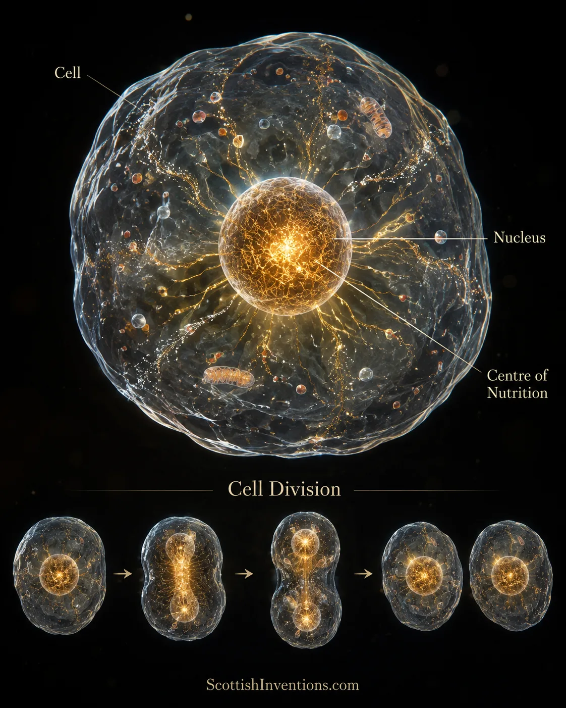 Diagram of a cell showing the nucleus labelled as the centre of nutrition, with a five-stage sequence of cell division below