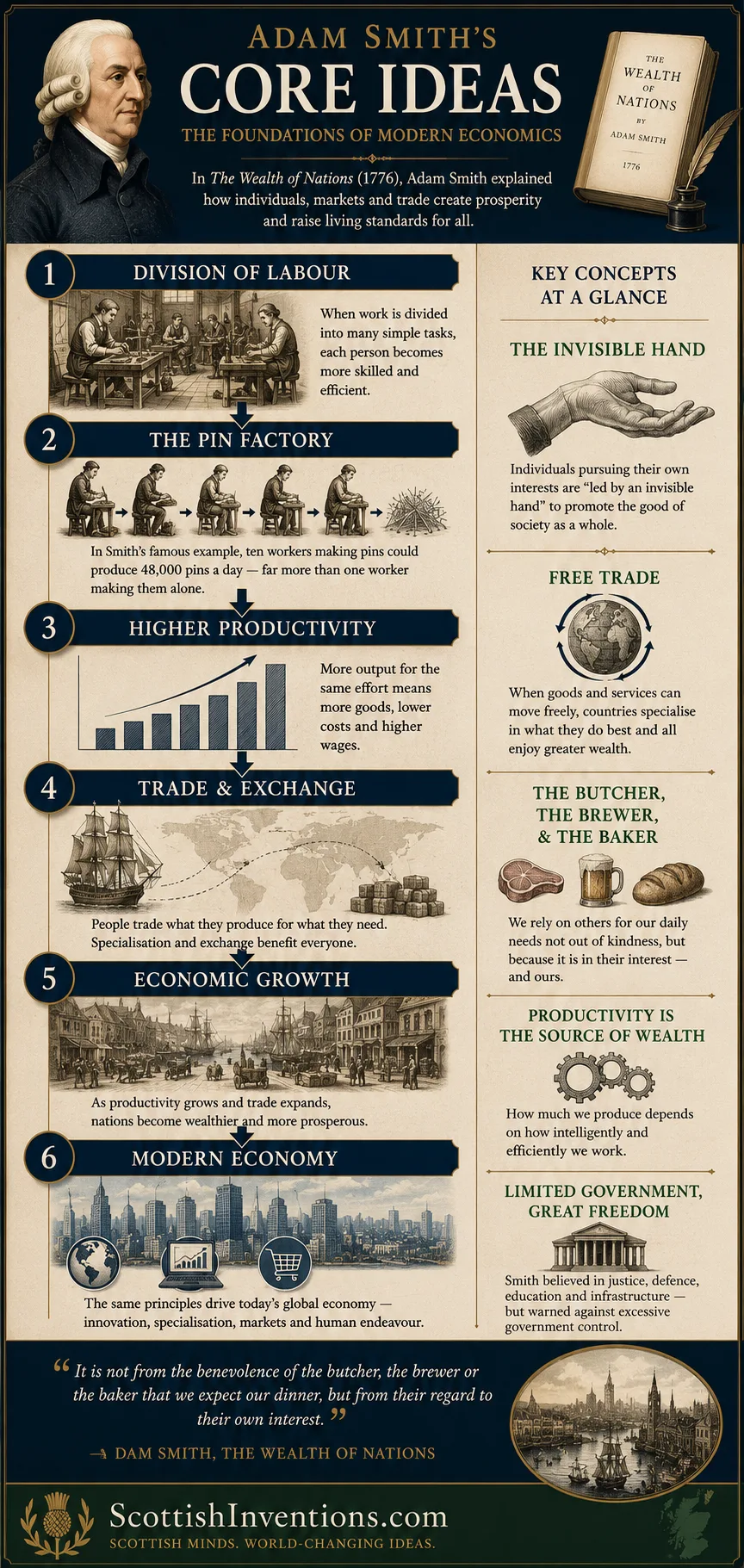 Adam Smith's core ideas of modern economics — division of labour, pin factory, invisible hand and free trade