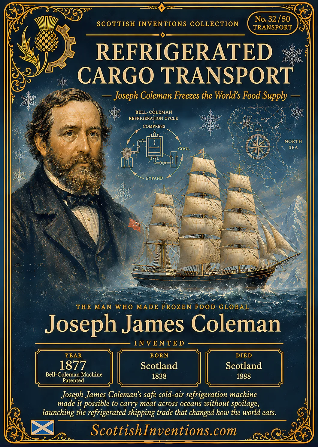 Refrigerated Cargo Transport — Scottish Inventions Collection Refrigerated Cargo Transport collectible card — Joseph James Coleman, born Scotland 1838, died Scotland 1888, inventor of the Bell-Coleman air refrigeration machine, patented in 1877, which made long-distance refrigerated shipping practical, Scottish Inventions Collection No. 32 of 50.