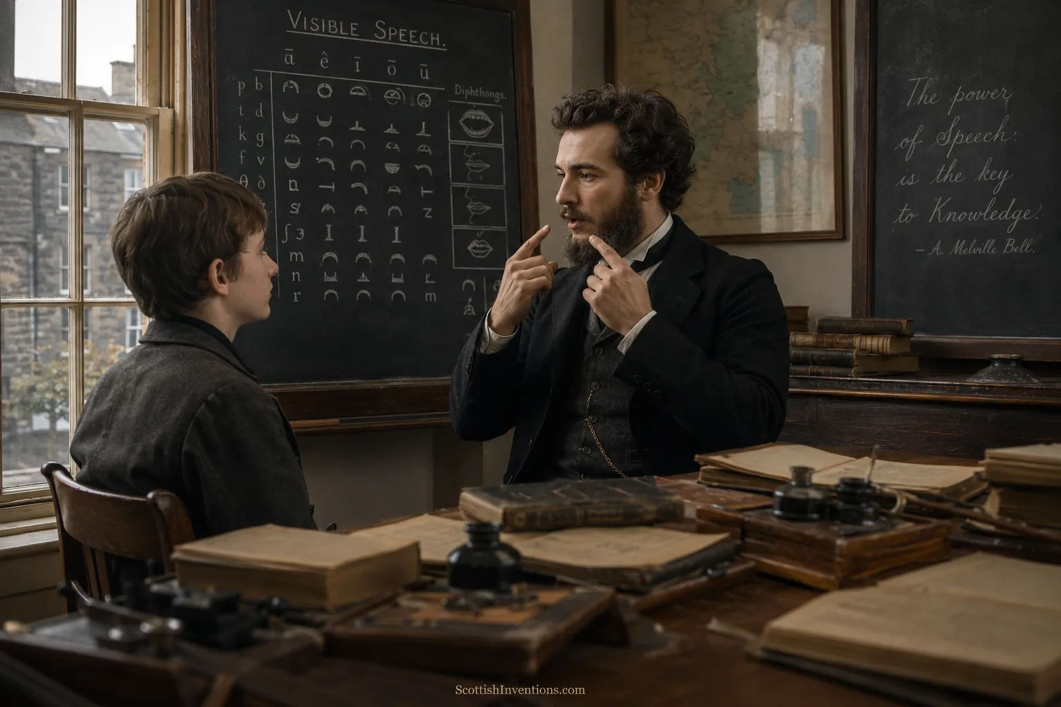 A young Alexander Graham Bell teaching a deaf boy in a classroom with Visible Speech notation on a chalkboard