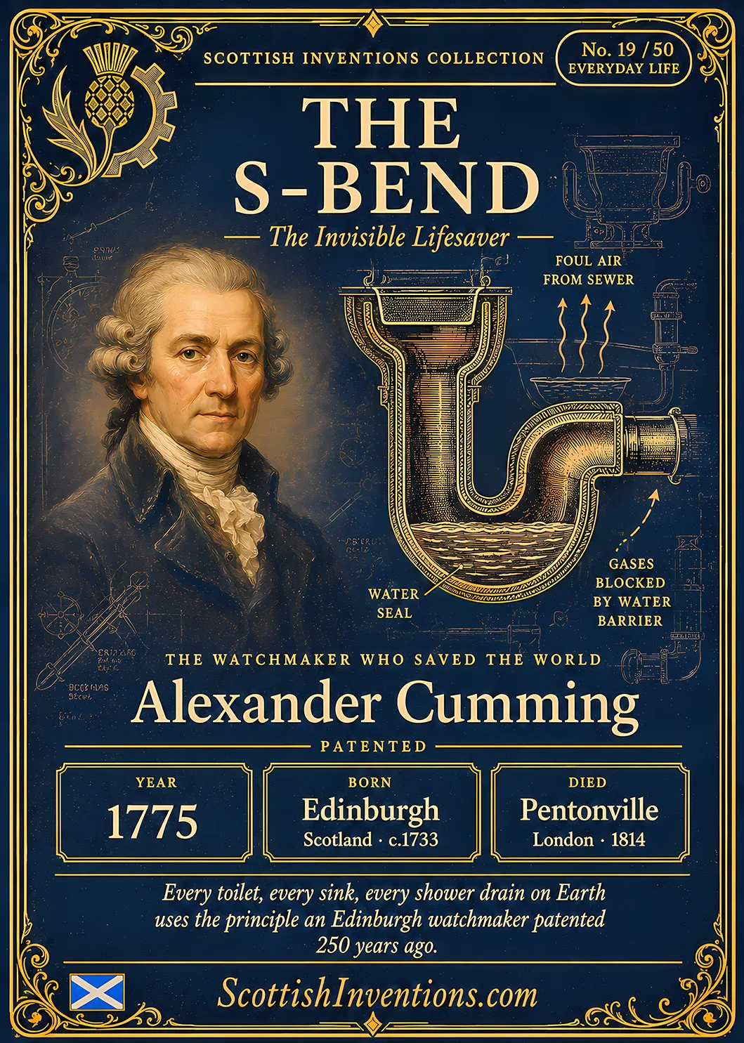 The S-Bend / The S-Bend Back — Scottish Inventions Collection The S-Bend collectible card — Alexander Cumming of Edinburgh patented the S-bend toilet trap in 1775, creating the water seal that prevents sewer gases entering buildings, Scottish Inventions Collection No. 19 of 50