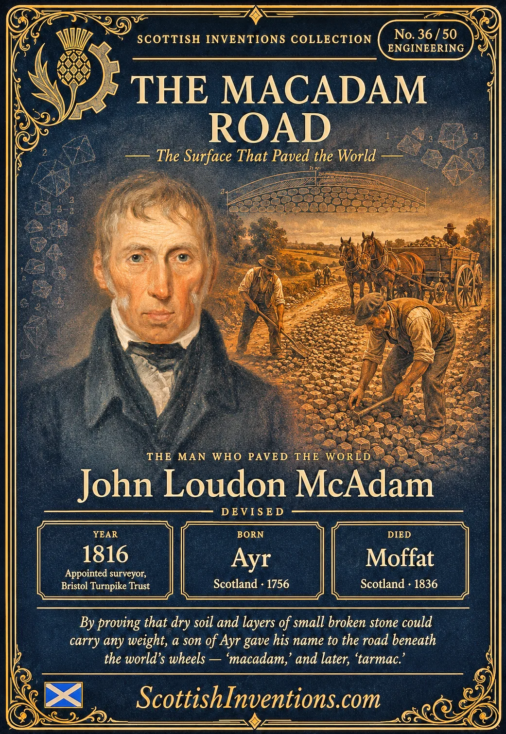 The Macadam Road / The Macadam Road Back — Scottish Inventions Collection The Macadam Road collectible card — John Loudon McAdam, born Ayr Scotland 1756, died Moffat Scotland 1836, devised the macadam road surface, becoming Surveyor-General of the Bristol Turnpike Trust in 1816 and revolutionising road building worldwide, Scottish Inventions Collection No. 36 of 50