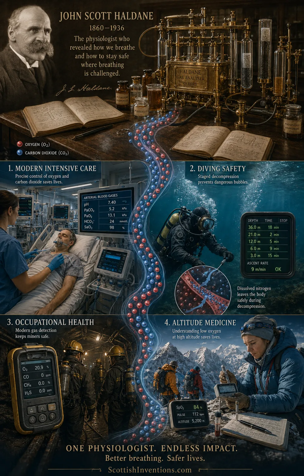 Four-panel infographic showing Haldane's legacy in modern intensive care, diving safety, mine gas detection, and altitude medicine