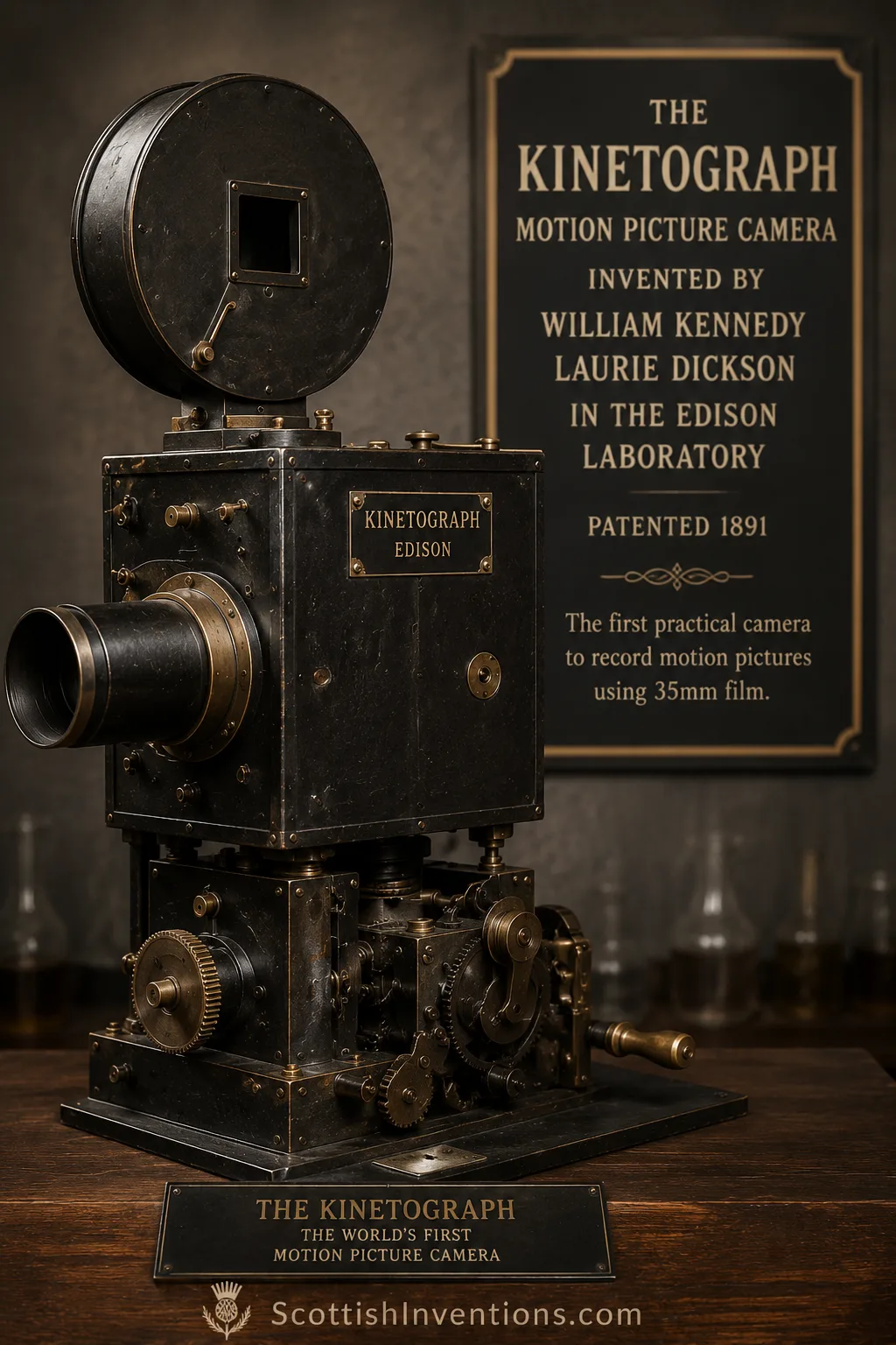 The Kinetograph motion picture camera developed by William Kennedy Laurie Dickson in the Edison laboratory.