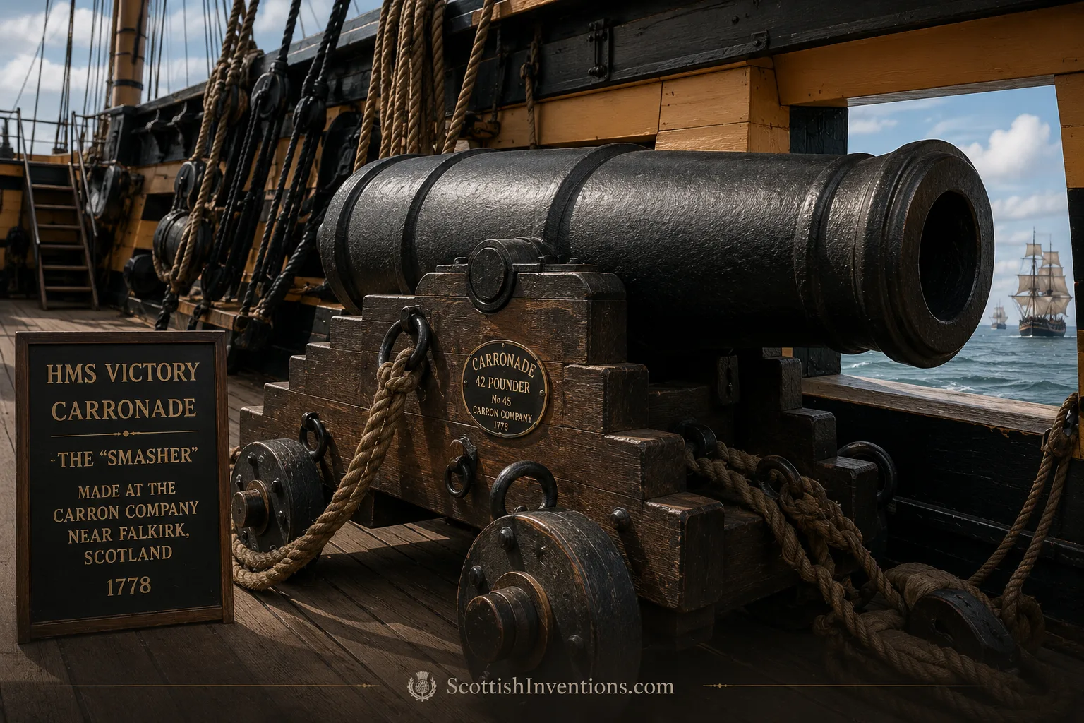 Scottish carronade cannon mounted aboard HMS Victory during the age of sail.