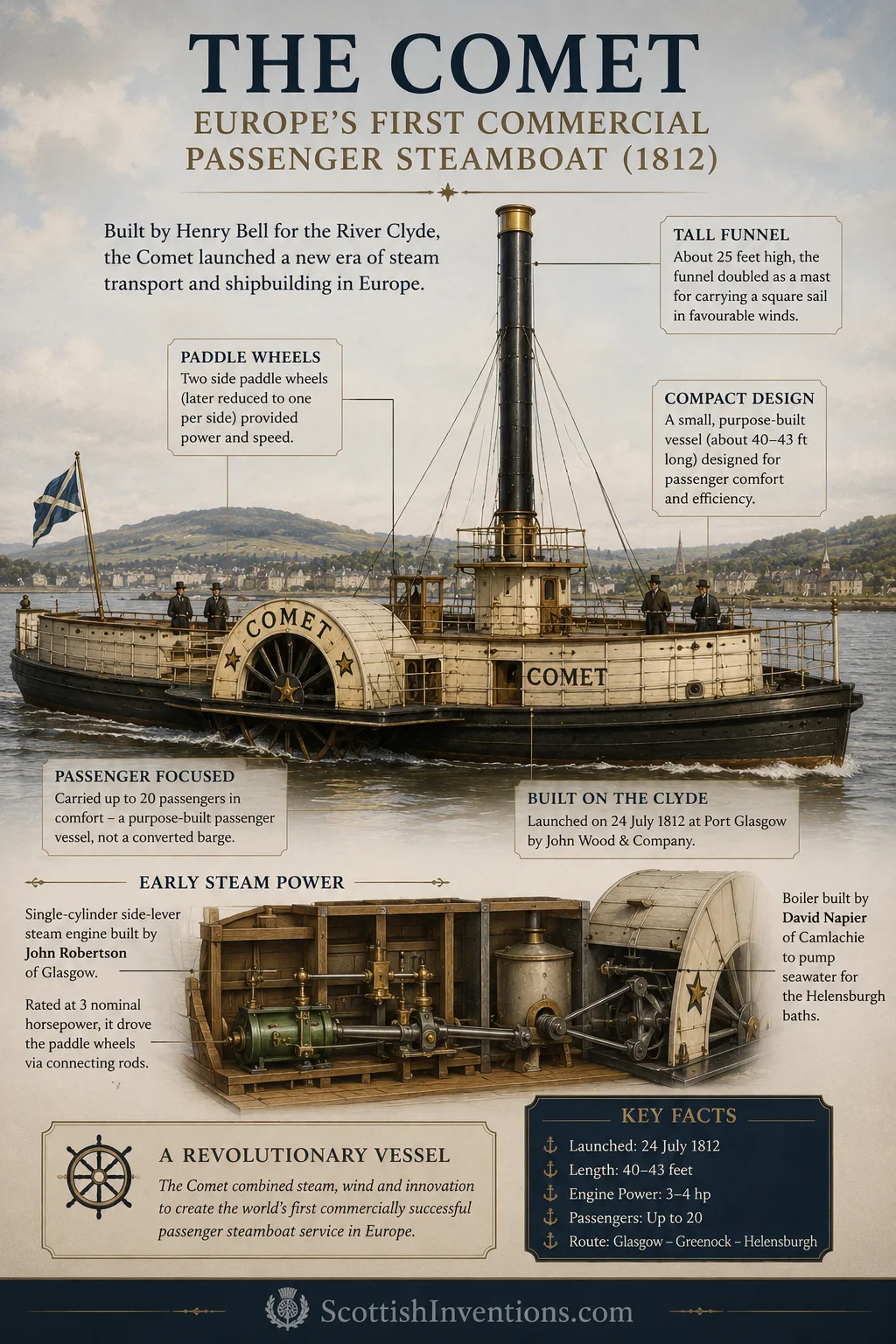 The paddle steamer Comet showing its paddle wheels, tall funnel and early steam engine design.