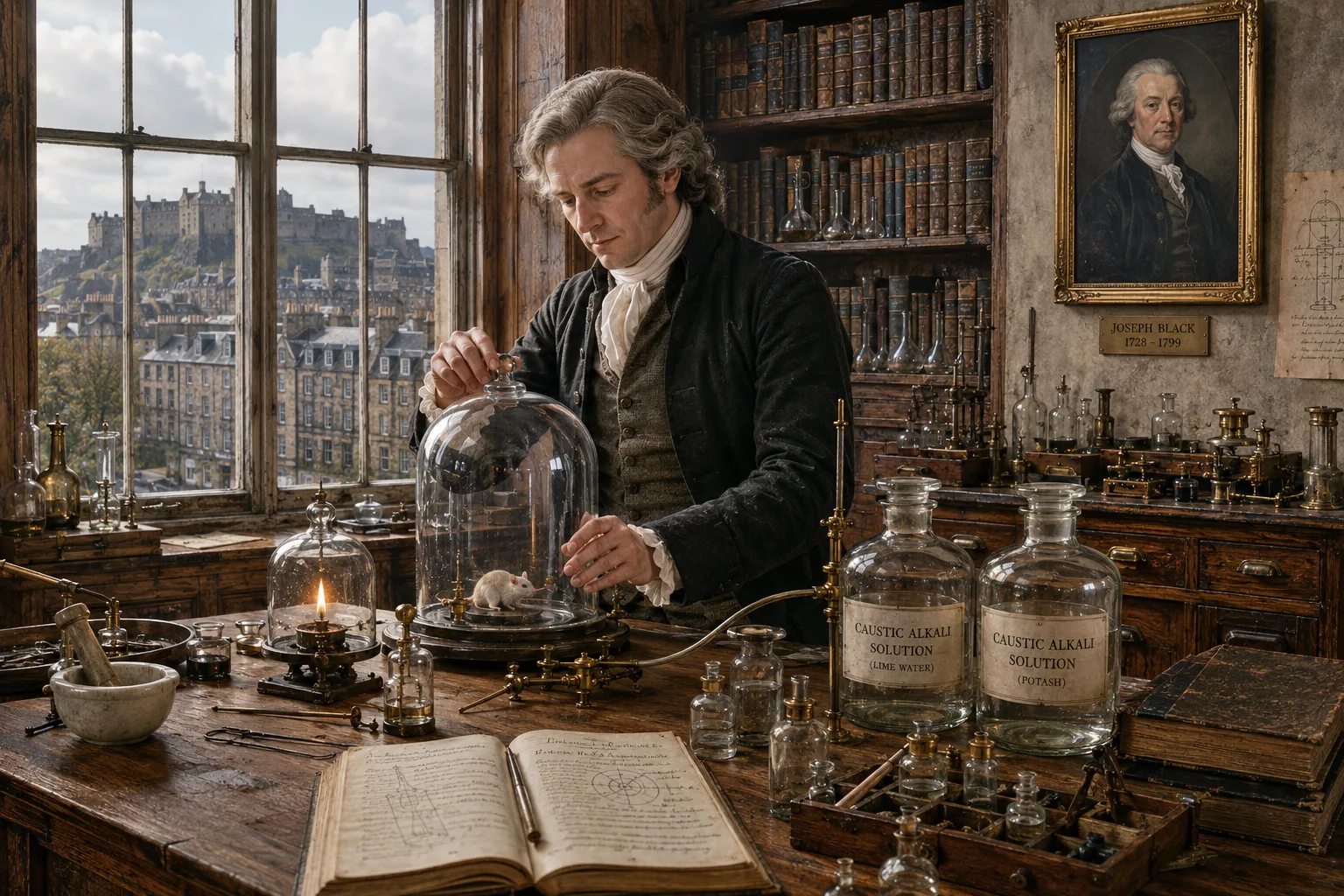 Historical reconstruction of Daniel Rutherford conducting his 1772 nitrogen isolation experiment in Edinburgh, with a portrait of his teacher Joseph Black on the wall and Edinburgh Castle visible through the window.