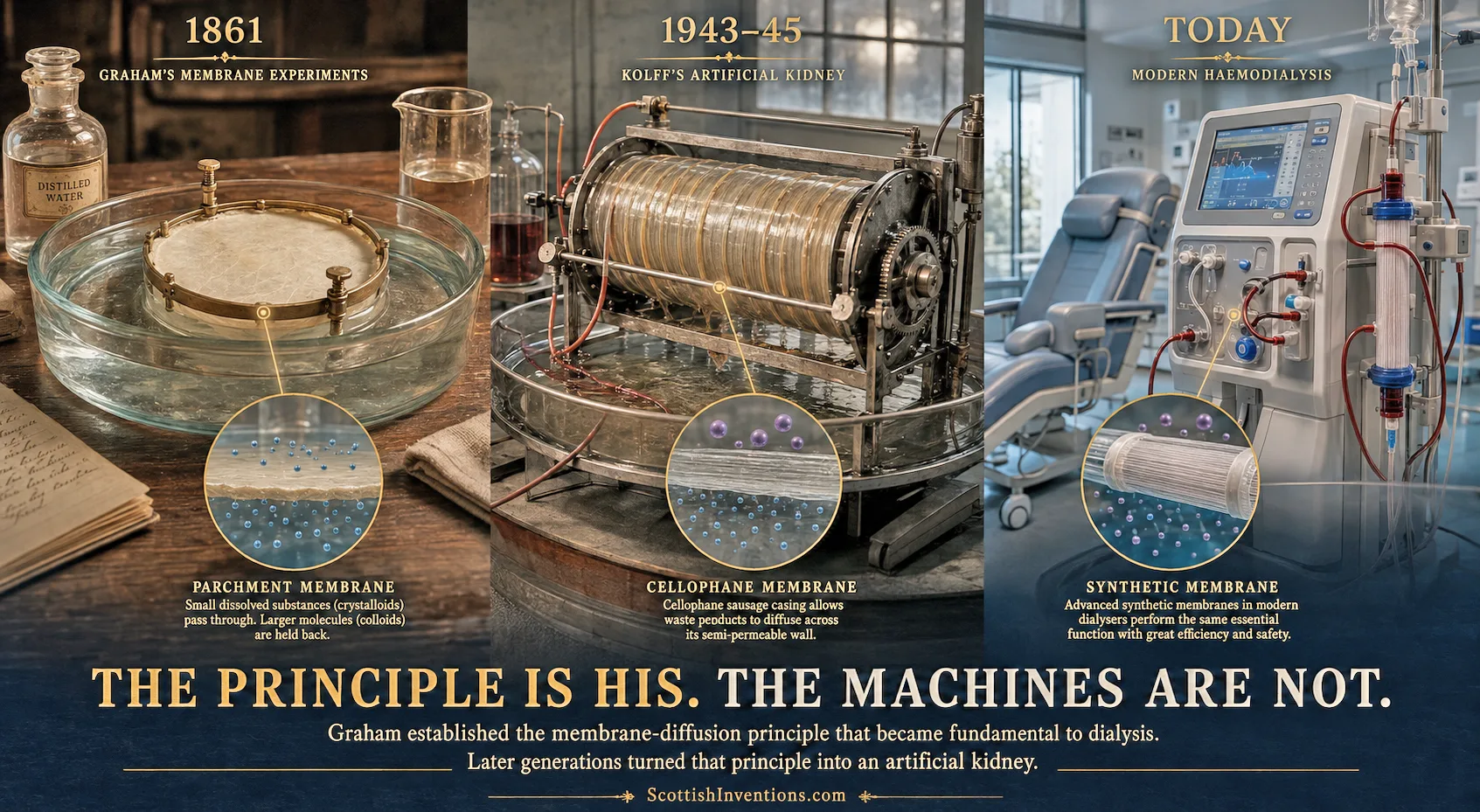 Three-panel lineage image: Graham's 1861 parchment hoop and glass trough, Kolff's 1943–45 improvised rotating-drum machine built from sausage skins and a washing-machine drum, and a modern hospital haemodialysis machine