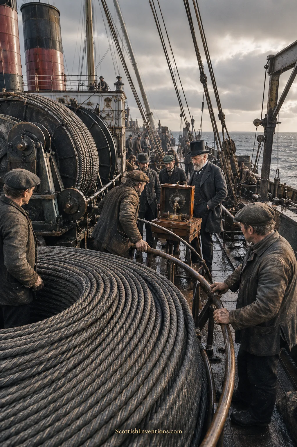 Crewmen in oilskins pay out submarine telegraph cable from a great deck drum on a Victorian steamship while a top-hatted scientist watches a mirror galvanometer.