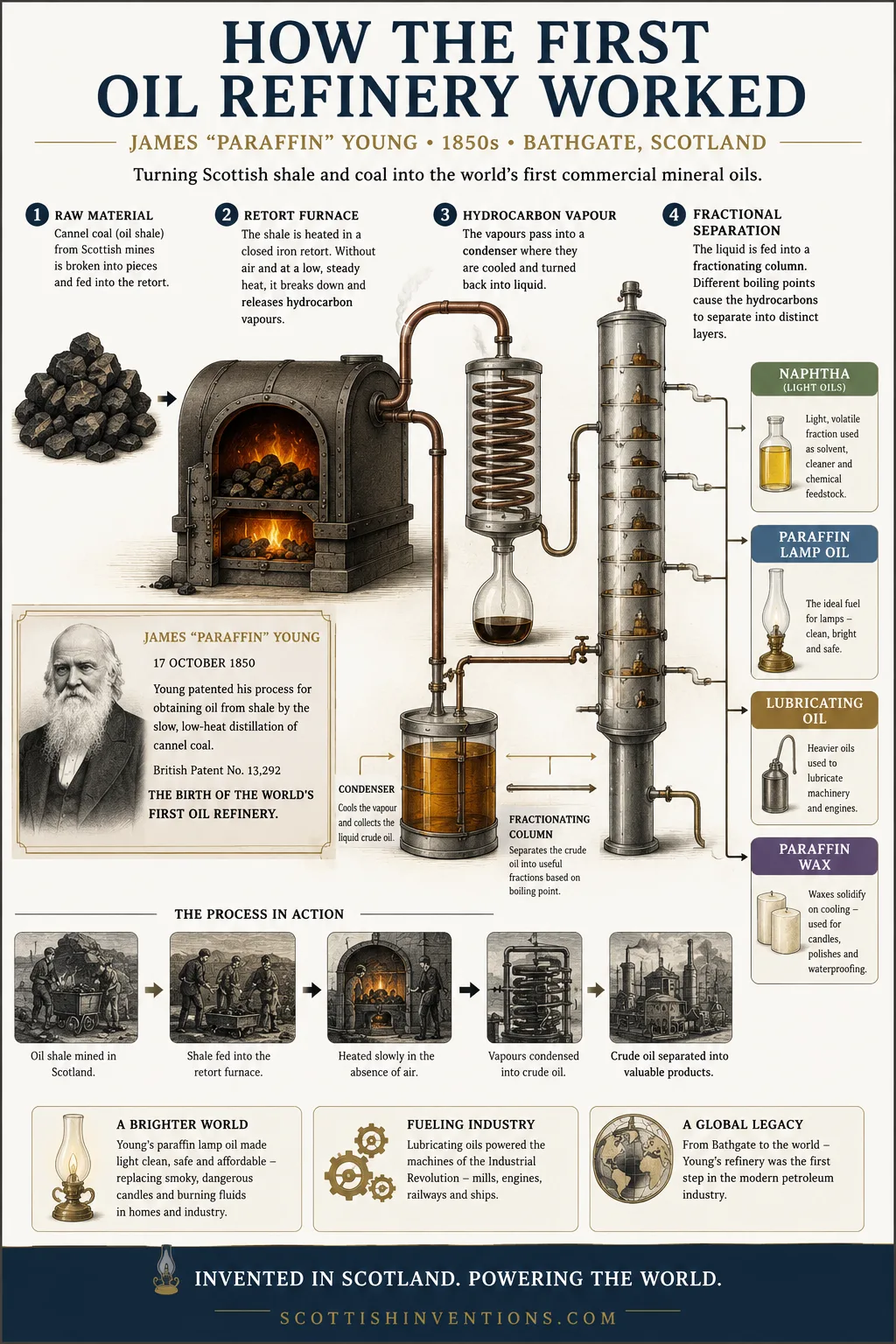 Diagram showing James Young's oil refining and fractional distillation process