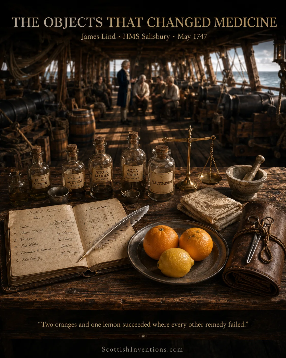 Still life of Lind's HMS Salisbury logbook, remedy bottles, and a plate of oranges and lemons, captioned with his experiment's result