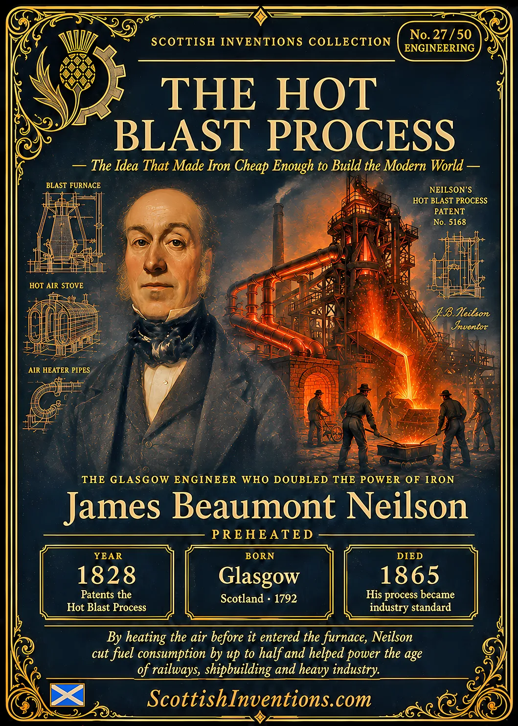 The Hot Blast Process / The Hot Blast Process Back — Scottish Inventions Collection The Hot Blast Process collectible card — James Beaumont Neilson, born Glasgow Scotland in 1792, patented the Hot Blast Process in 1828 by preheating air before it entered blast furnaces, dramatically reducing fuel consumption and helping fuel the expansion of railways, shipbuilding and Victorian industry.