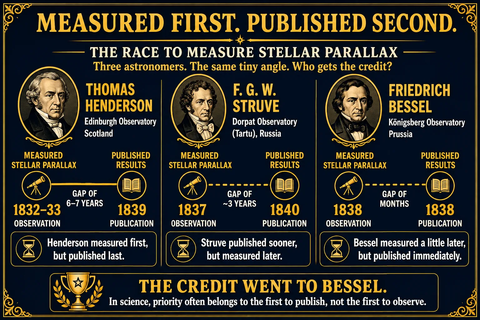 Infographic comparing three astronomers — Henderson, Struve and Bessel — each with their measurement year and publication year, showing Henderson's 1832–33 observation gap against his January 1839 publication versus Bessel's December 1838 publication