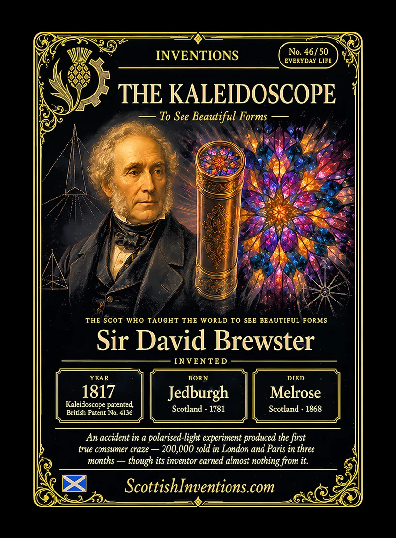 The Kaleidoscope — Scottish Inventions Collection The Kaleidoscope collectible card — Sir David Brewster, born Jedburgh Scotland 1781, died Melrose Scotland 1868, invented and patented the kaleidoscope in 1817, selling 200,000 in three months in London and Paris, Scottish Inventions Collection No. 46 of 50