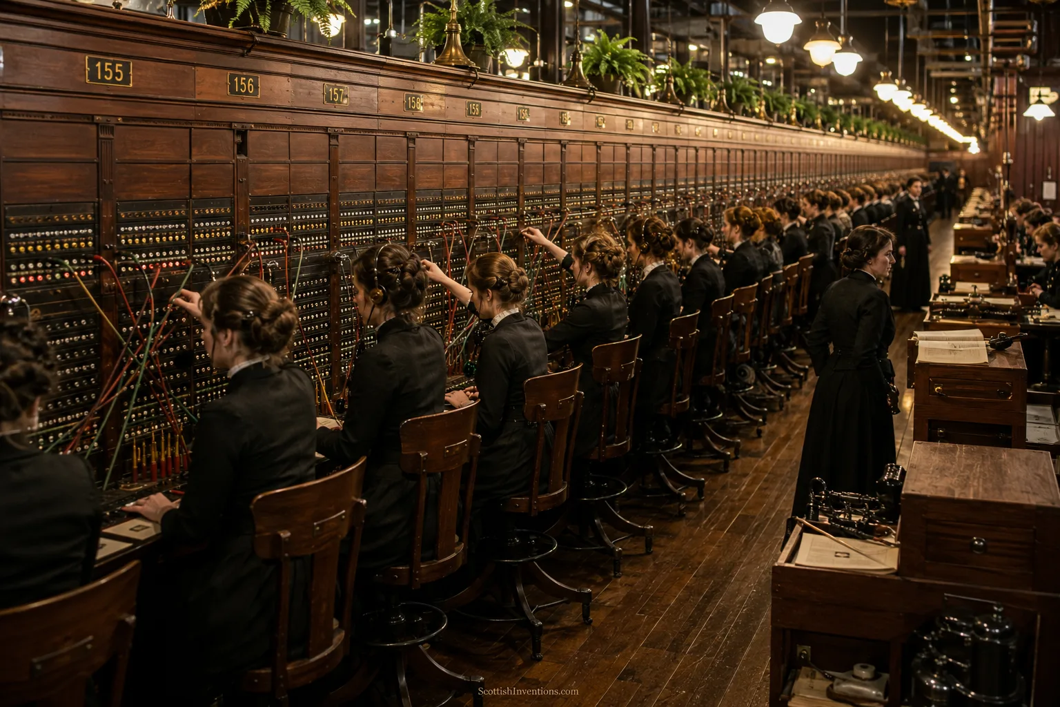 Victorian women operators working at manual telephone switchboards in an early telephone exchange