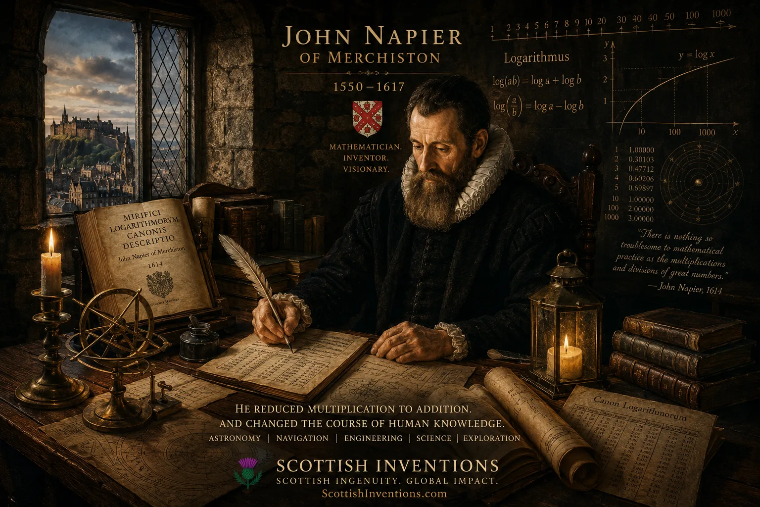 John Napier developing logarithms at Merchiston Tower in Edinburgh