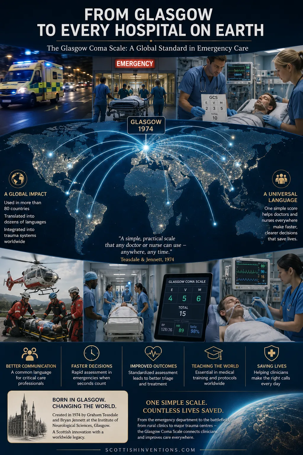 Global impact of the Glasgow Coma Scale showing its use in ambulances, emergency departments and intensive care units worldwide after its invention in Glasgow in 1974