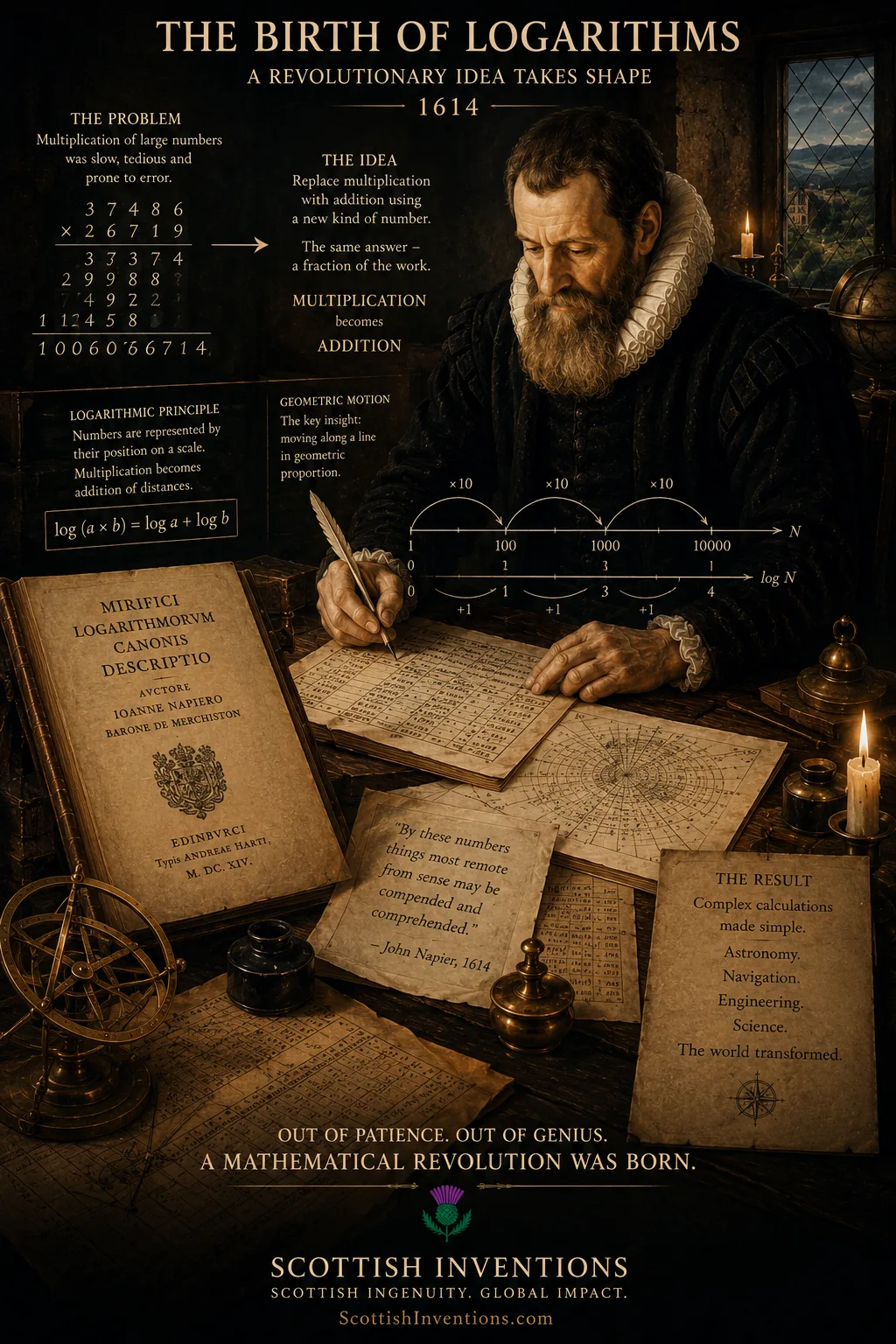 John Napier developing logarithms and publishing the Descriptio in 1614
