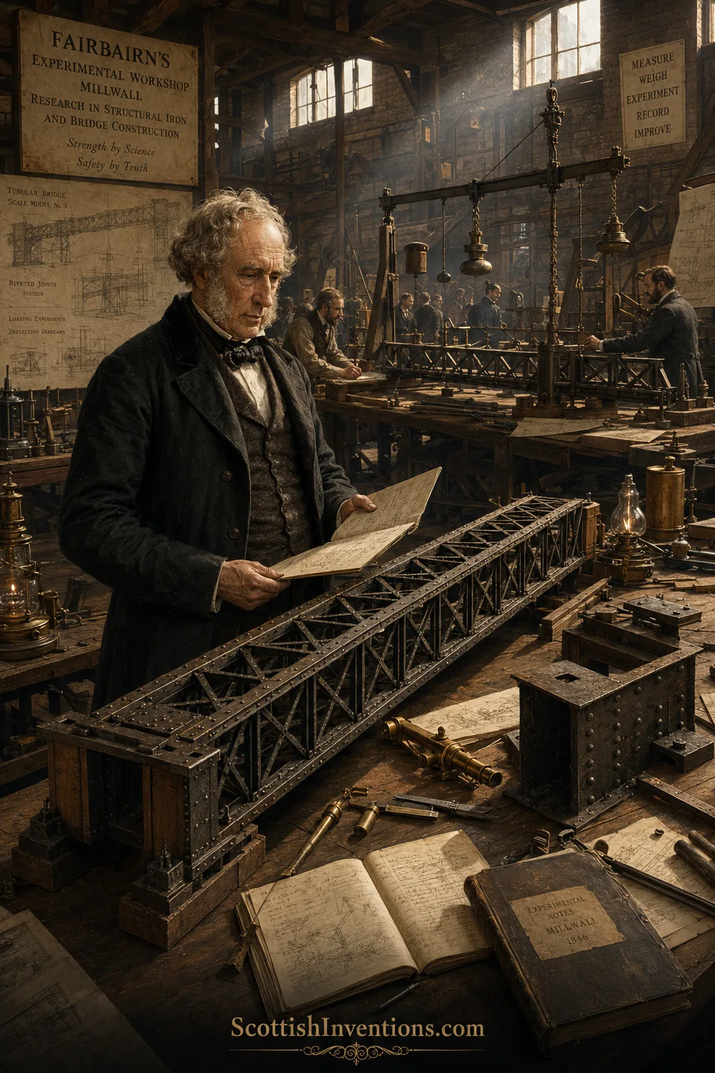 Sir William Fairbairn at his Millwall experimental workshop Sir William Fairbairn examining a scale model box girder during experimental bridge testing at Millwall.