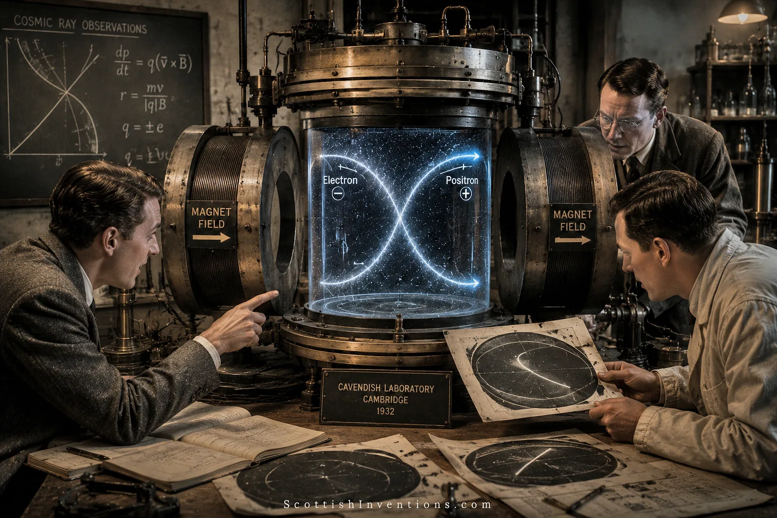 Scientists observing positron tracks inside a cloud chamber in 1932