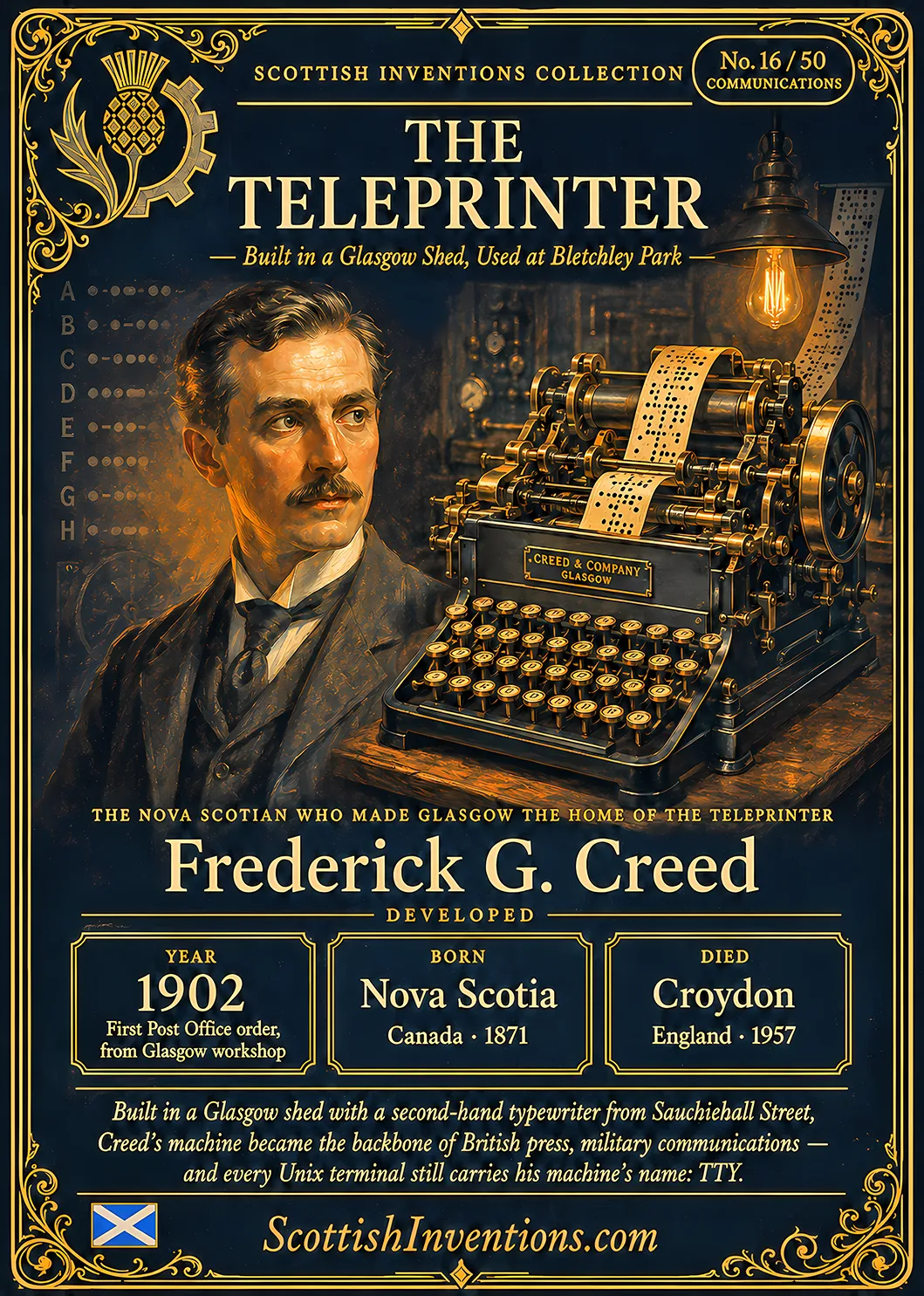 The Teleprinter / The Teleprinter Back — Scottish Inventions Collection The Teleprinter collectible card — Frederick G. Creed, born Mill Village Nova Scotia Canada 1871, died Croydon England 1957, developed the first practical mass-produced teleprinter system in Glasgow from 1897, winning a Post Office order in 1902, Scottish Inventions Collection No. 16 of 50