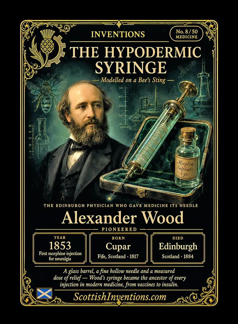 The Hypodermic Syringe / The Hypodermic Syringe Back — Scottish Inventions Collection The Hypodermic Syringe collectible card — Alexander Wood, born Cupar Fife Scotland 1817, died Edinburgh Scotland 1884, pioneered the first true piston-driven hypodermic syringe in 1853, injecting morphine for neuralgia, the ancestor of every modern injection, Scottish Inventions Collection No. 8 of 50